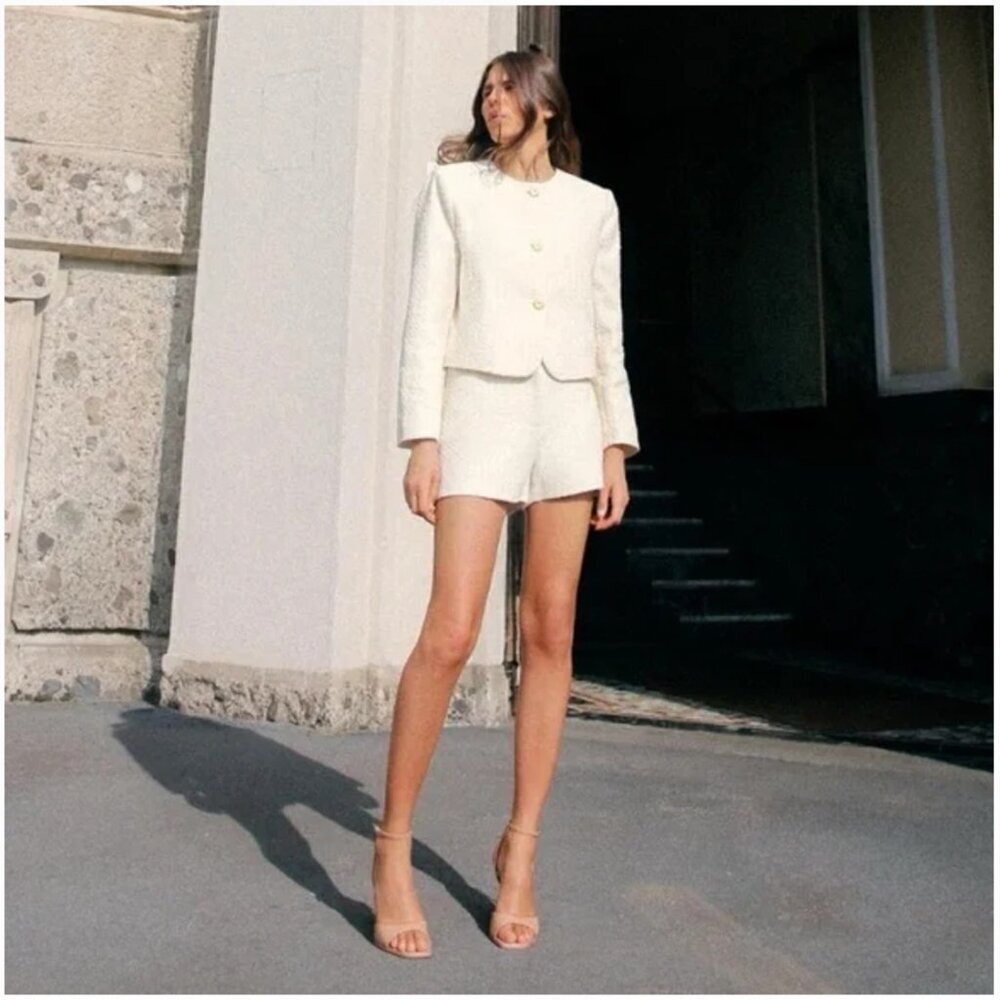 ZARA ROUND NECK TEXTURED BLAZER WITH HIGH WAIST MINI SHORT Size L NEW WITH TAG!